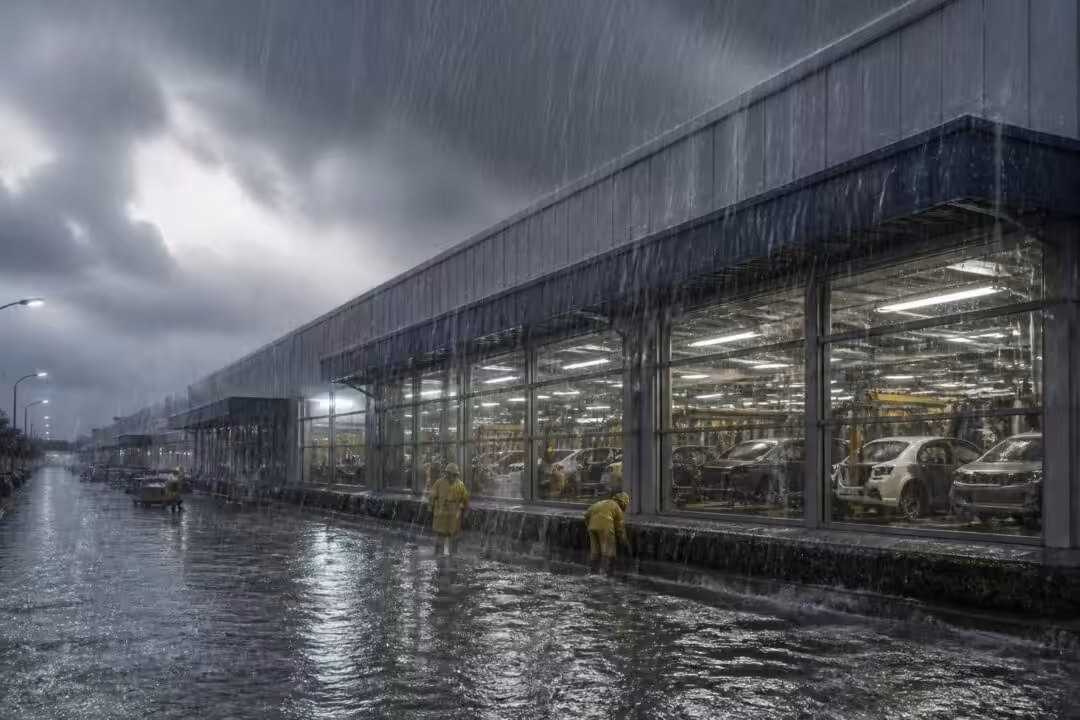 une pluie diluvienne ralentit la production chez tata motors dans son usine de véhicules de tourisme au gujarat, en inde, provoquant des perturbations significatives.