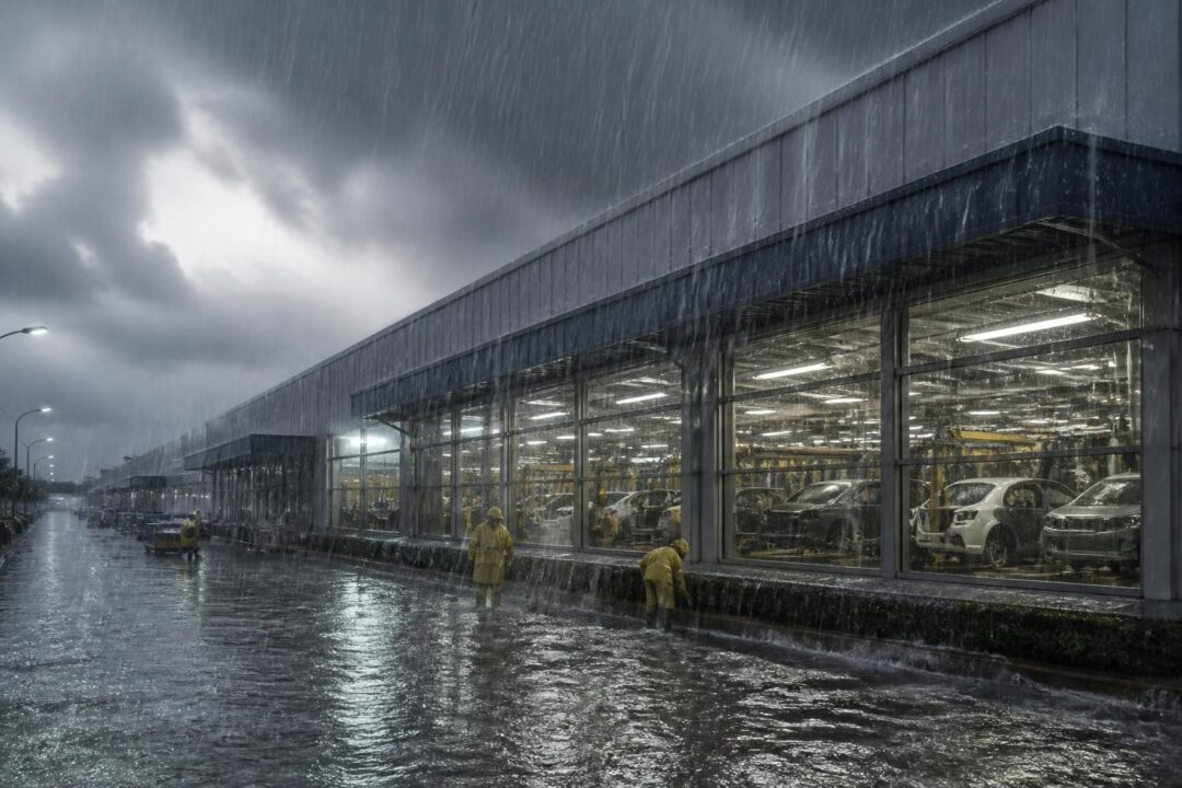 une pluie diluvienne ralentit la production chez tata motors dans son usine de véhicules de tourisme au gujarat, en inde, provoquant des perturbations significatives.